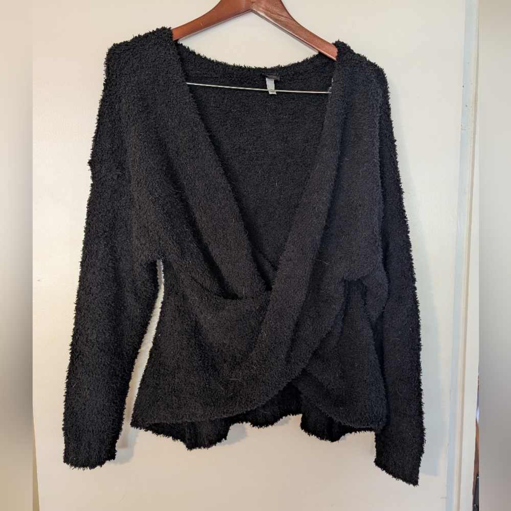 Felina Black V-Neck Women's Denali Fuzzy/Teddy Sweater Size M